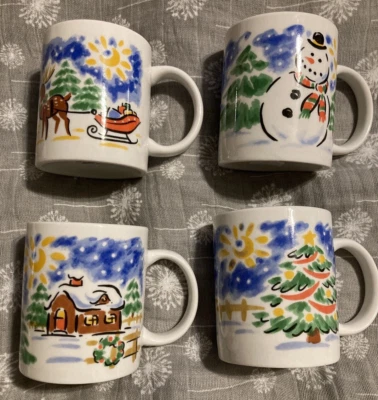 Studio Nova Christmas Mugs-(4)-Double-side Scene-Whimsy Snowman Sleigh Cabin Tre - Image 1 of 4
