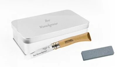 Opinel Kindermesser, Geschenkbox + Schleifstein, inkl. Gravur auf Klinge und Box