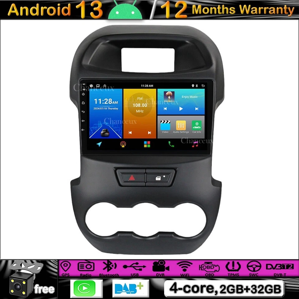 9"Android 13 Autoradio DAB  Stereo BT GPS SAT Navi Carplay for Ford Ranger 11-16 - Bild 1 von 4