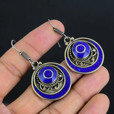 Lapis Lazuli Handmade Ethnic 925 Sterling Silver Tibetan Nepali Earring 2.2" m05 - Image 1 of 4