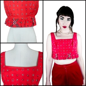 Vintage 1960s Bandana Print Western Cherry Red Crop Top | 60s Ruffle Sleeveless - Picture 1 of 8