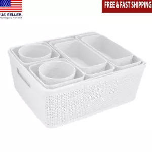 10 Pack Plastic Storage Baskets Organizing Set Rectangle Home Office White New - Picture 1 of 8