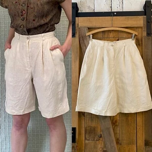 Vintage 90s Ivory Beige Linen High Rise Pleated Front Shorts by Tweeds size M - Picture 1 of 14