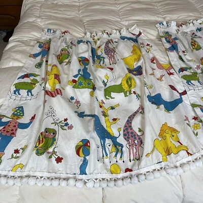 Vintage Circus zoo Window Curtains For Nursery Owl kids Room  25” x 35” pom poms - Image 1 of 4