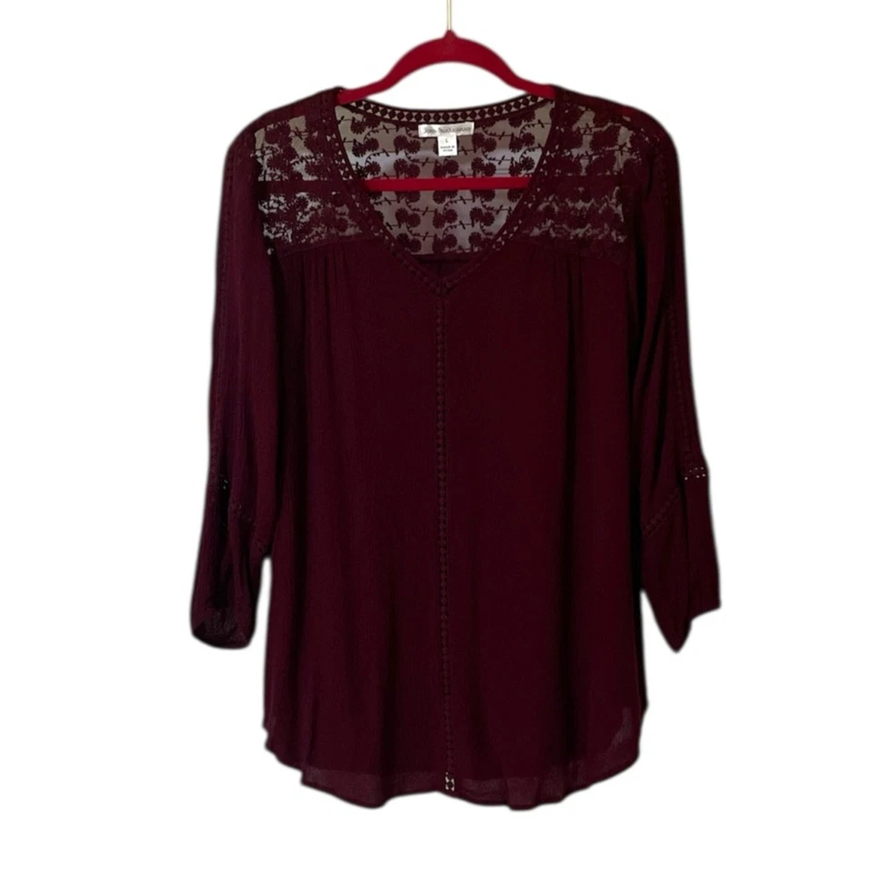 Blusa JohnPaulRichard Top Corte Encaje Transparente Rojo Vino Talla L Boho Crochet Borgoña Foto 1 de 4