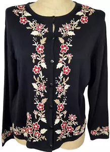 Vtg 90s Dressbarn Cardigan Sweater Medium Black Floral Embroidered Button Up NWT - Picture 1 of 7