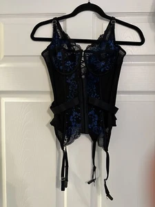 NWOT COQUETTE SEXY BLACK & BLUE LACE LACE UP CORSET W/GARTERS LARGE - Picture 1 of 13