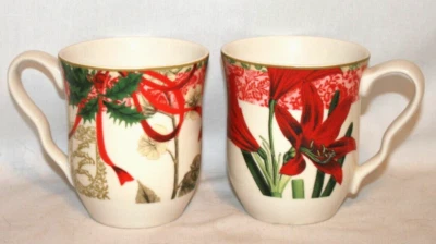222 FIFTH Two Coffee Mugs Holiday Decoupage Red Floral Amaryllis Christmas New - Image 1 of 3