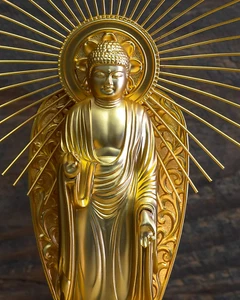 Statua Buddha Amida Nyorai 23,5 cm metallo Takaoka rame placcato oro Giappone - Foto 1 di 6