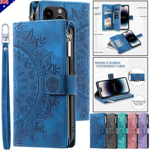 For iPhone 16 15 14 13 12 11 Plus Pro Max Zipper Case Leather Wallet Flip Cover - Picture 1 of 28