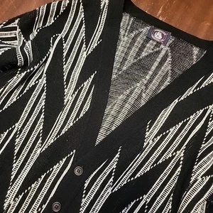 Vintage Y2K Coogi Style Grandpa Geometric Cardigan 90s XL Black White Made USA - Picture 1 of 7