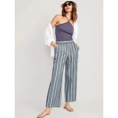 Pantalones de tirantes de pierna ancha mezcla de lino azul marino antiguo a rayas talla 3X nuevos con etiquetas Foto 1 de 4