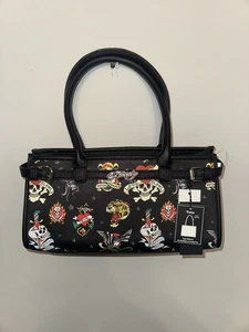 Ed Hardy Black Logo Tattoo Print Skull Hearts Purse Handbag - Picture 1 of 4