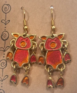 Cute Metal and Red Enamel Pig Earrings Dangle Drop Pierced Hook 2" Long Unique - Picture 1 of 4