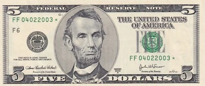 United States Of America, 5 DollarS, 2003, UNC, (Star and special serial number) - Image 1 of 2