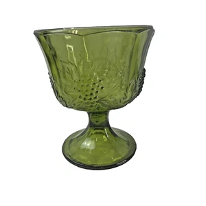 Vintage Indiana Glas grünes Obstmuster Sockel Kompott Trauben Blatt gepresst - Bild 1 von 7
