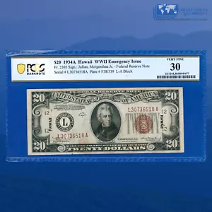 Fr.2305 1934a $20 Twenty Dollars FRN Brown Seal "HAWAII" WWII, PCGS VF 30 #6518 - Picture 1 of 3