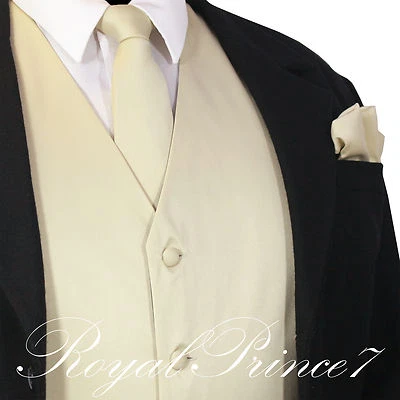 BEIGE XS - 6XL Solid Vest Waistcoat and Neck Tie SET Suit or Tuxedo Formal - Image 1 of 4