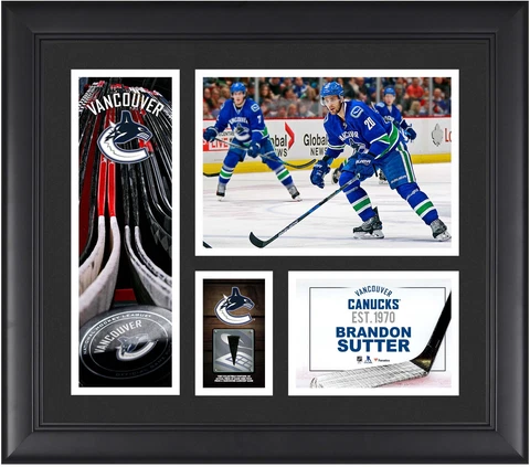 B. Sutter Vanc Canucks Framed 15x17 Collage w/Piece of GU Puck Cover