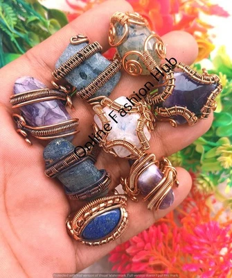 Lote de anillos de piedras preciosas de prehnita y mezcla de alambre de cobre envuelto joyería elegante Foto 1 de 3