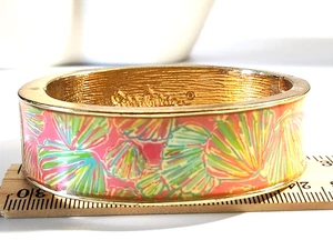 VINTAGE Lilly Pulitzer Wide GoldTone Colorful Hinged GREEN PINK Bangle Bracelet - Picture 1 of 3