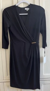Calvin Klein Sz 6 Wrap Dress 3/4 Sleeve Black Soft Gold Logo Accent Professional - Picture 1 of 9