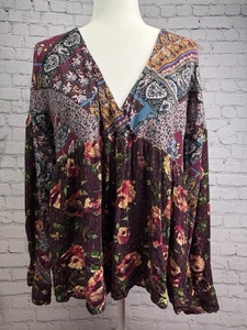 Oddi Boho Blumen Patchwork Bluse Damen Medium Langarm V-Ausschnitt Bauern Top - Bild 1 von 8