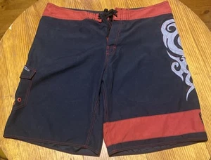 Crazy Shirts Hawaii Original Black Red Tribal/Celtic Board shorts- Size 38 - GC - Picture 1 of 8