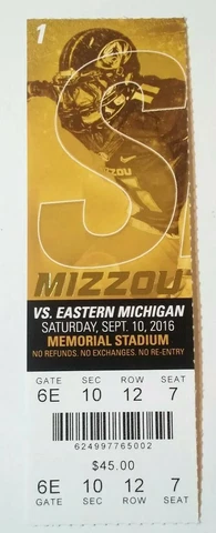 2016 Missouri Tigers Eastern Michigan Football Full Ticket Stub Cover