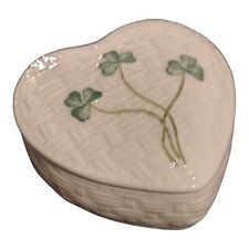 Belleek Ireland Irish Clover Heart Shaped Trinket Box Porcelain Woven Pattern