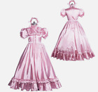 Gothic lolita Girl Sissy Sexy Lockable Pink Satin Dress Cosplay Costume Tailored