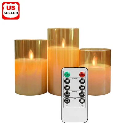 3Pack Gold Glass Flameless LED Candles with Remote Battery Operated Flickering - Image 1 of 4