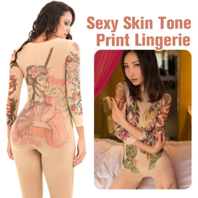 Ladies Lingerie Tights Mesh Pantyhose Open Crotch Bodysuit Tattoo Print Stocking - Image 1 of 4