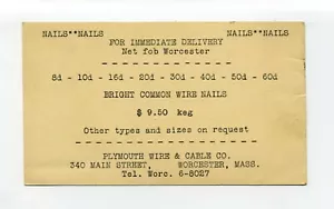 Worcester MA Mass 1951 cartolina d'epoca, Plymouth Wire & Cable Co, 340 Main St - Foto 1 di 2