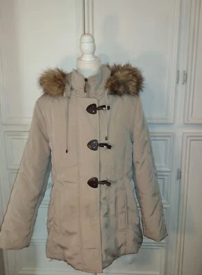 Croft & Barrow Jacket Womens PL Quilted Tan Winter Parka Faux Fur Hood Full Zip - Image 1 of 4