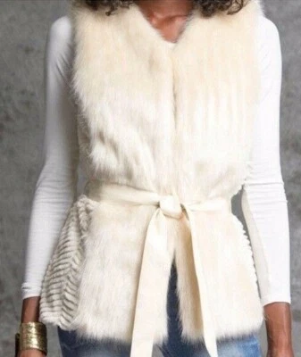 Ya Los Angeles Womens Size M/L Faux Fur Sleeveless Vest Beige Belted Open - Image 1 of 4