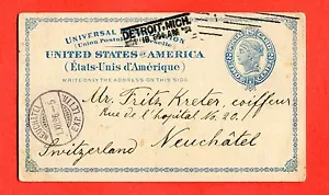 Ganzsache - USA 1896 gebraucht - ca.2 von DETROIT nach SCHWEIZ (264940) - Bild 1 von 2
