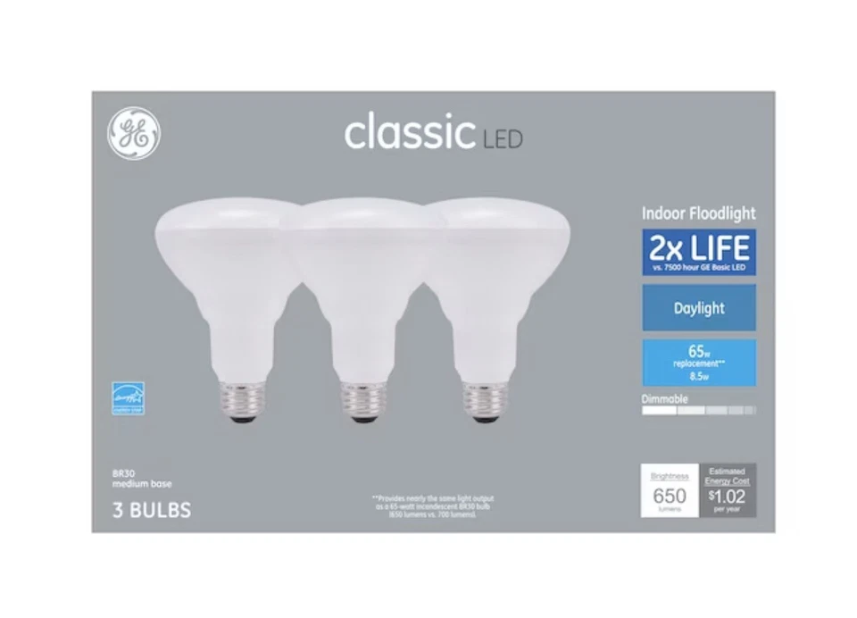 GE LED Dimmable Indoor Flood BR-30 3-pack Daylight, 5000K, 65w equiv., 8.5 watt - Image 1 of 1