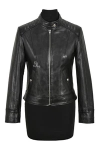 Ladies Real Leather Jacket Black Napa Mandarin Scuba Collar Classic Casual Top - Picture 1 of 5