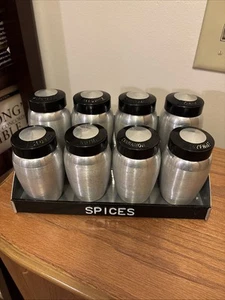 Vintage Kromex Spun Aluminum 8 Piece Spice Jar Set w/Rack MCM Atomic Style - Picture 1 of 14