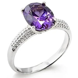 Rhodium Plated Oval Amethyst Cubic Zirconia Ring 6 - 9 - Picture 1 of 2
