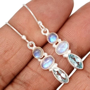 Pendientes de plata 925 con piedra lunar arco iris natural y topacio azul OSS5 CE48654 - Imagen 1 de 1