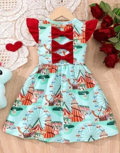 Girls Size 6 Dress Ferris Wheel Print Butterfly Sleeve Bows In Back - Picture 1 of 7