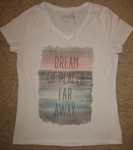 Women S short sleeve Hanes White T-shirt Glittery Print Dream of Places Far Away - Picture 1 of 1