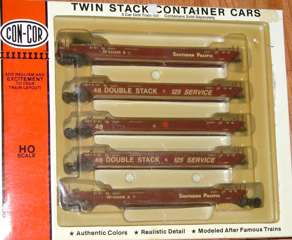 HO CON-COR 0001-001952(01) TWIN STACK CONTAINER 5 CAR UNIT SOUTHERN PACIFIC SP - Image 1 of 1
