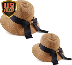 Women,Little Girls Straw Sun Hat Summer Beach Cap Foldable Visor Floppy Hats Wid - Picture 1 of 5