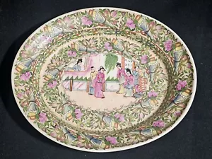 More details for a large vintage chinese porcelain canton famille rose oval dish hand painted
