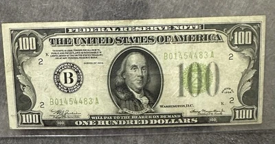 1934 Lime Green Federal Reserve Note Antique 100 Dollar Bill - Image 1 of 3