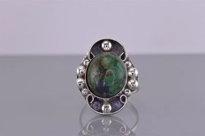 Sterling Silver Beaded Bezel Green Turquoise Statement Band Ring Mex 925 Sz: 7 - Image 1 of 4