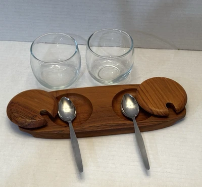 Vintage Dolphin Teak Condiment Serving Set Glass Jars Spoons MCM Mid Century - Image 1 of 4